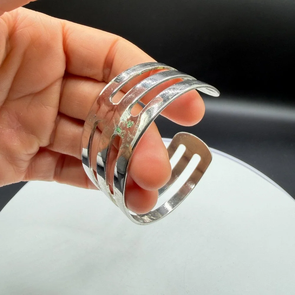 SARAH Silver Tone Openwork Triple Band Cuff Bracelet Modernist Statement Jewelry